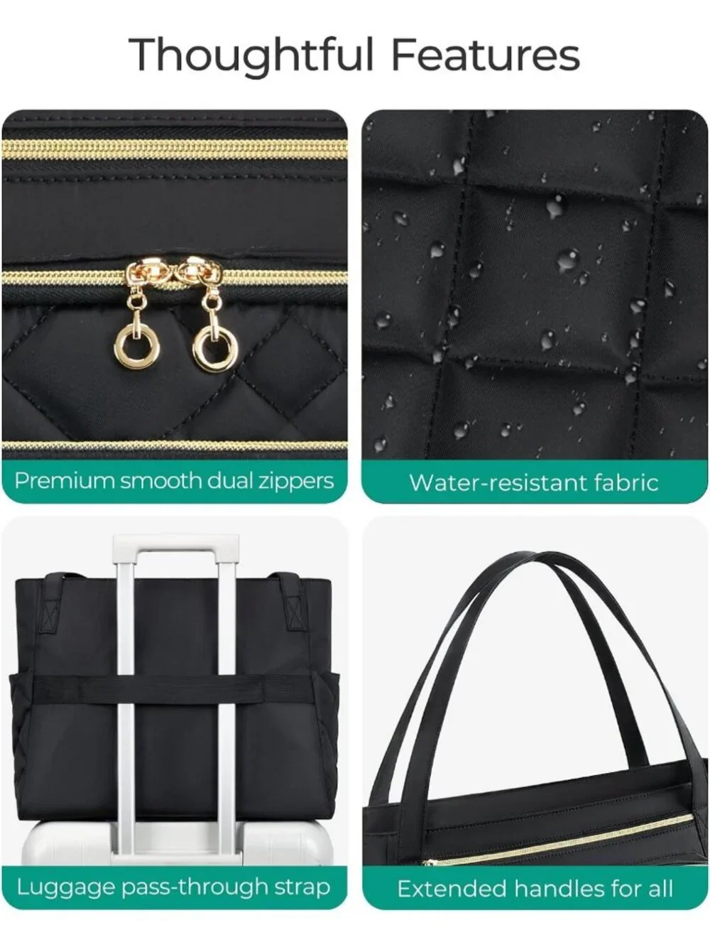 Stylish Quilted Teacher Tote Bag for Women, 15.6in, Insulated Pocket, Black